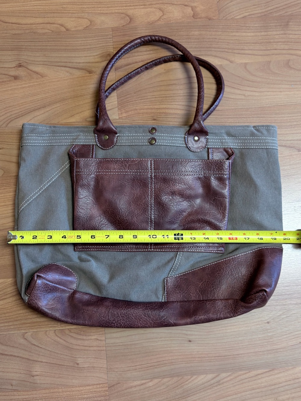 Mona B Tan Canvas and Brown Leather Trim Tote Bag